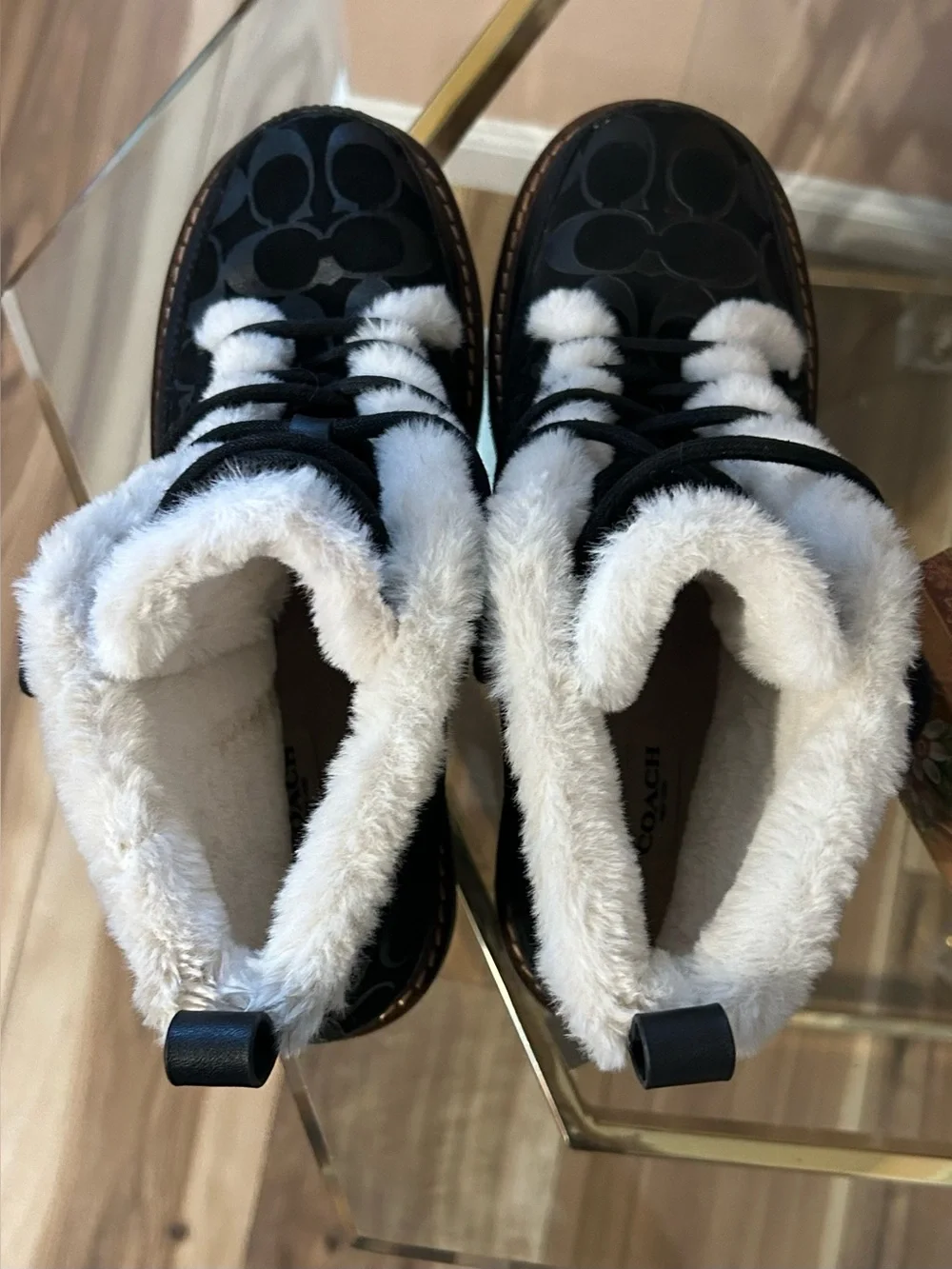 Coach Signature Imani Black White Ankle Booties with Faux Fur Trim Size 8.5